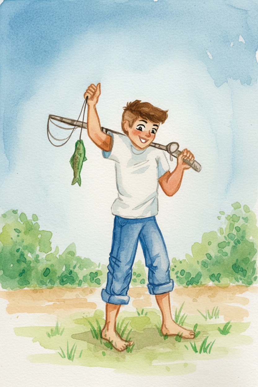 A young boy fishing at a creek, just like Frank in the adventures