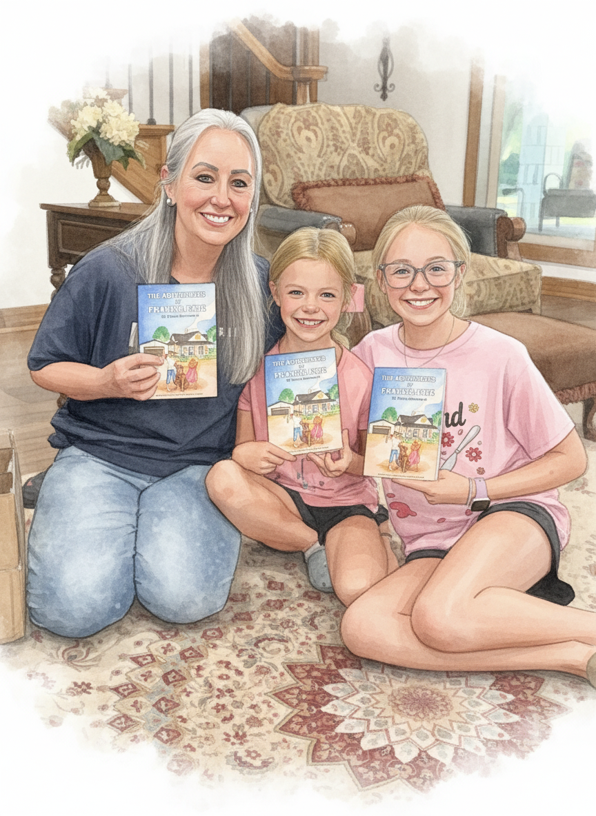Renae Authement with her granddaughters holding The Adventures of Frank & Faye