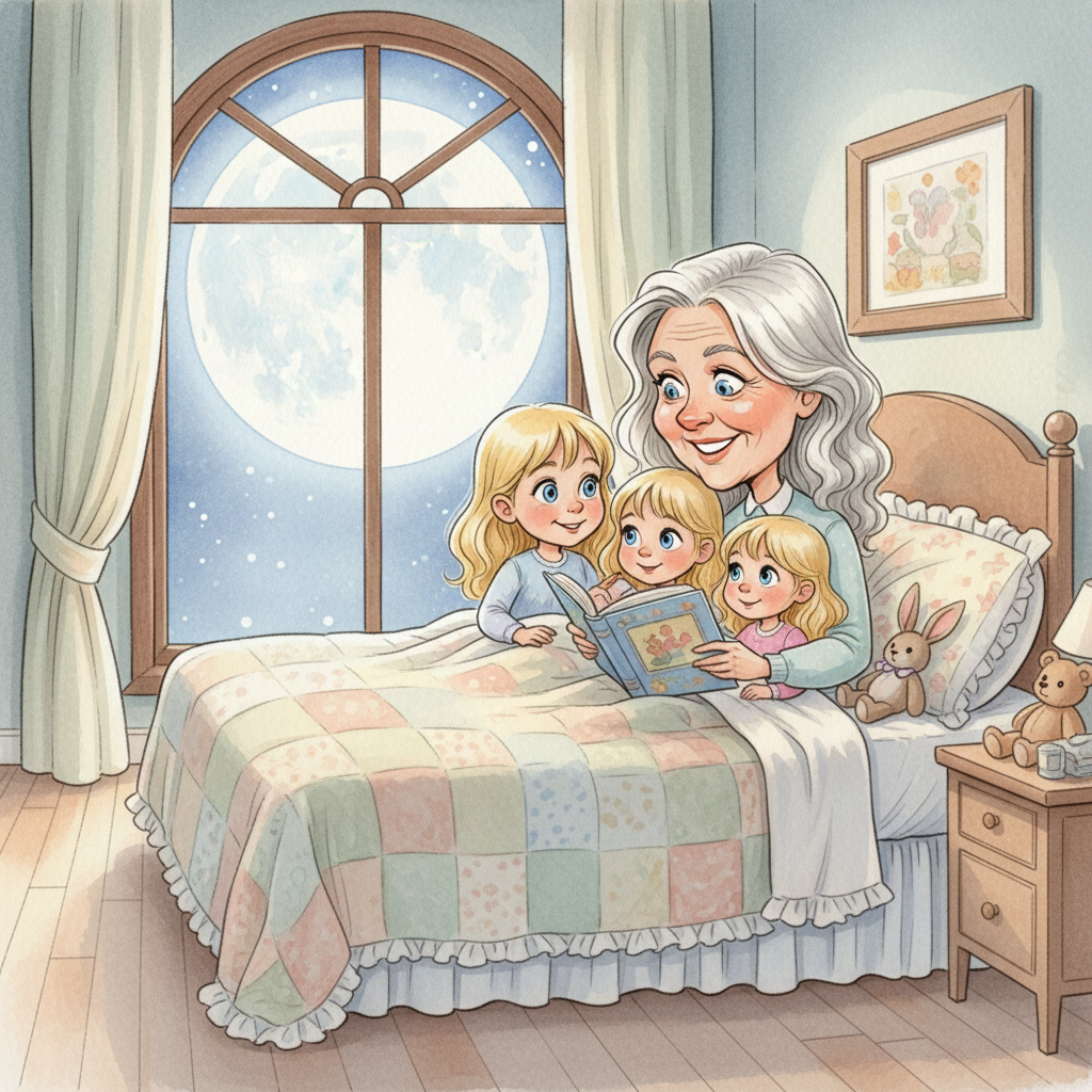 Caricature illustration of Granna tucking in four blonde granddaughters and telling them a bedtime story